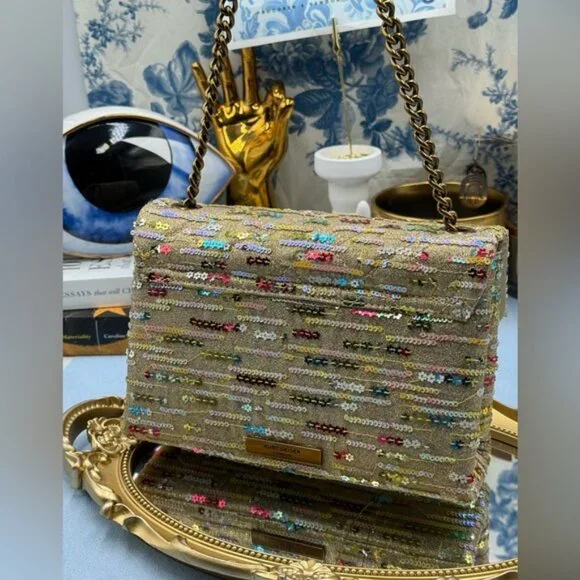 🆕 KURT GEIGER LONDON 🧿 NWOT Lurex Medium Kensington, Gold Rainbow Sequins - Picture 7 of 13